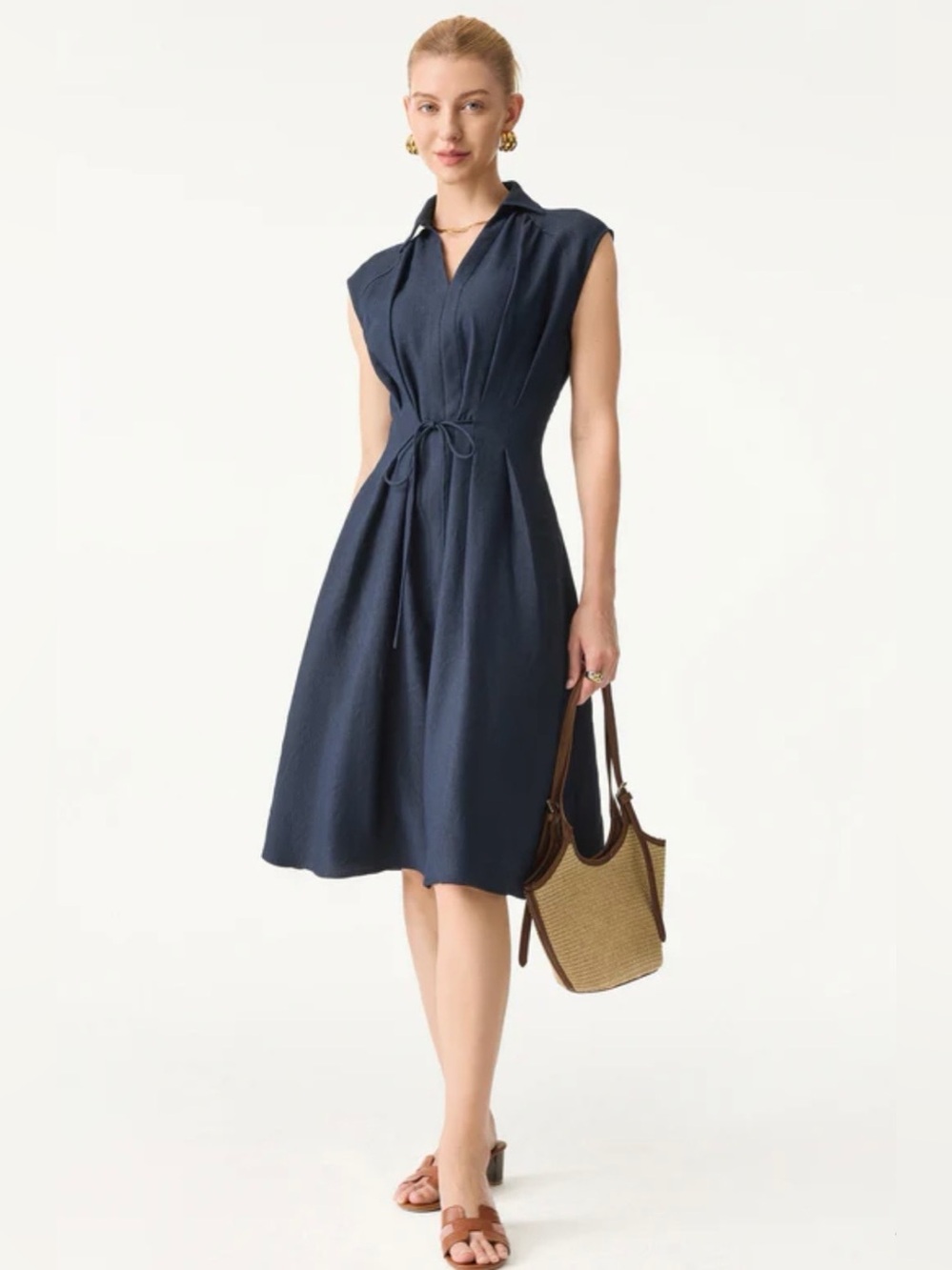 OGL Navy Sleeveless Midi Dress with Tie Waist-tiny discolorations - Picture 8 of 8